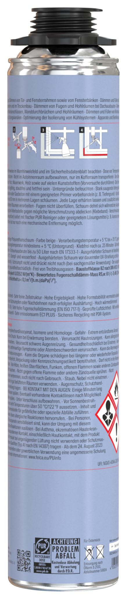 fischer Pistolenschaum Premium PUP Pro 825 B2, Montageschaum für Verfüllung, Dämmung und Isolierung, Bauschaum für Schaumpistolen, geringe Schaumexpansion, 825 ml (Packung mit 3)