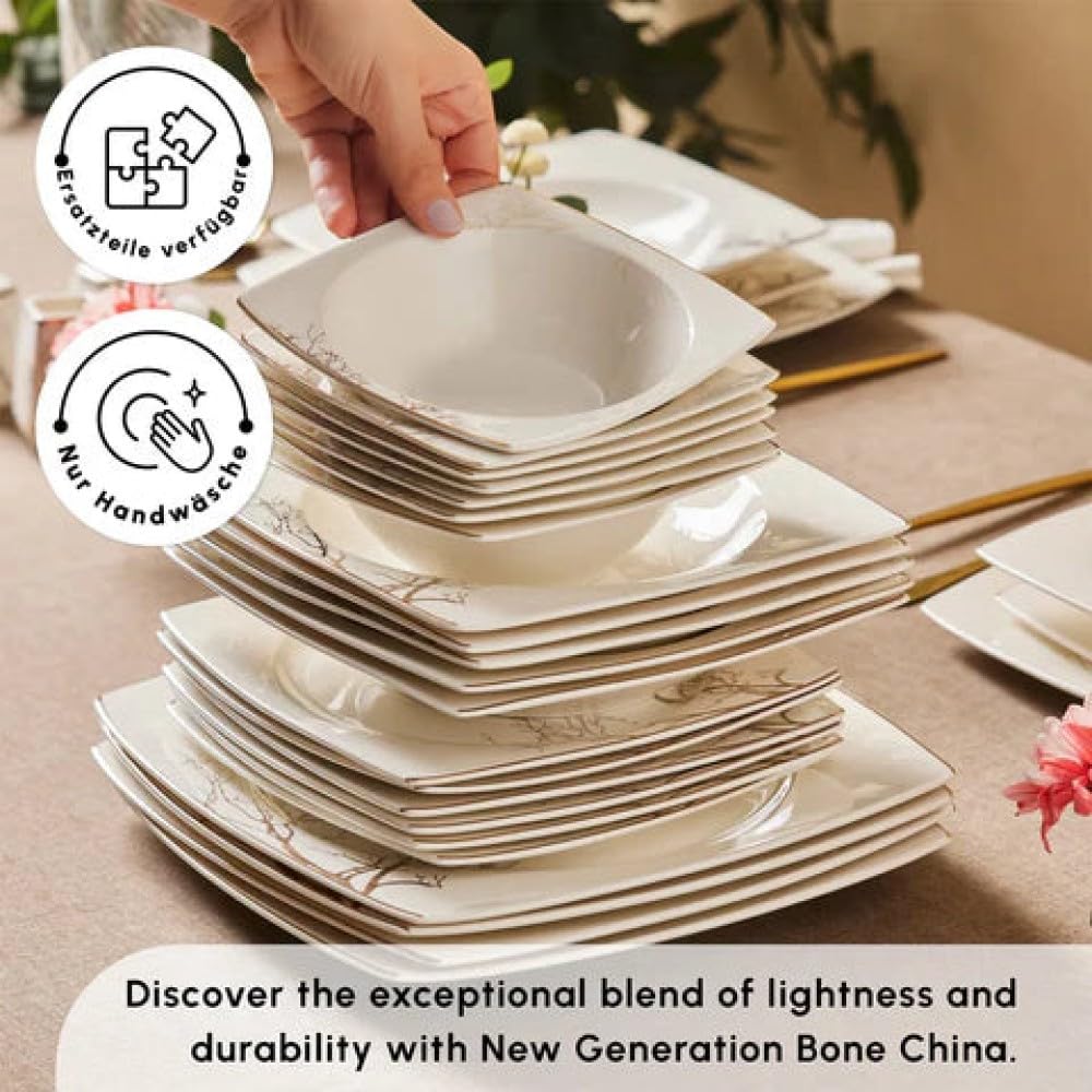 Karaca Square Bone Autumn - 53-teiliges Geschirrset für 12 Personen, Eckig Modern Teller Set aus Porzellan Bone China, Geschirr Set mit Müslischalen, Servierplatte, Pastateller, Dessertteller - Gold