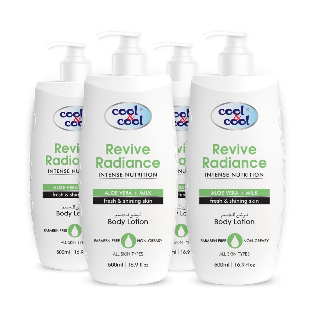 Cool & Cool Revive Radiance Body Lotion 500ML(Pack of 4) - Hydrating Formula with Aloe Vera & Milk, Non-Greasy & Paraben-Free, Promotes Fresh and Shiny Skin 2L
