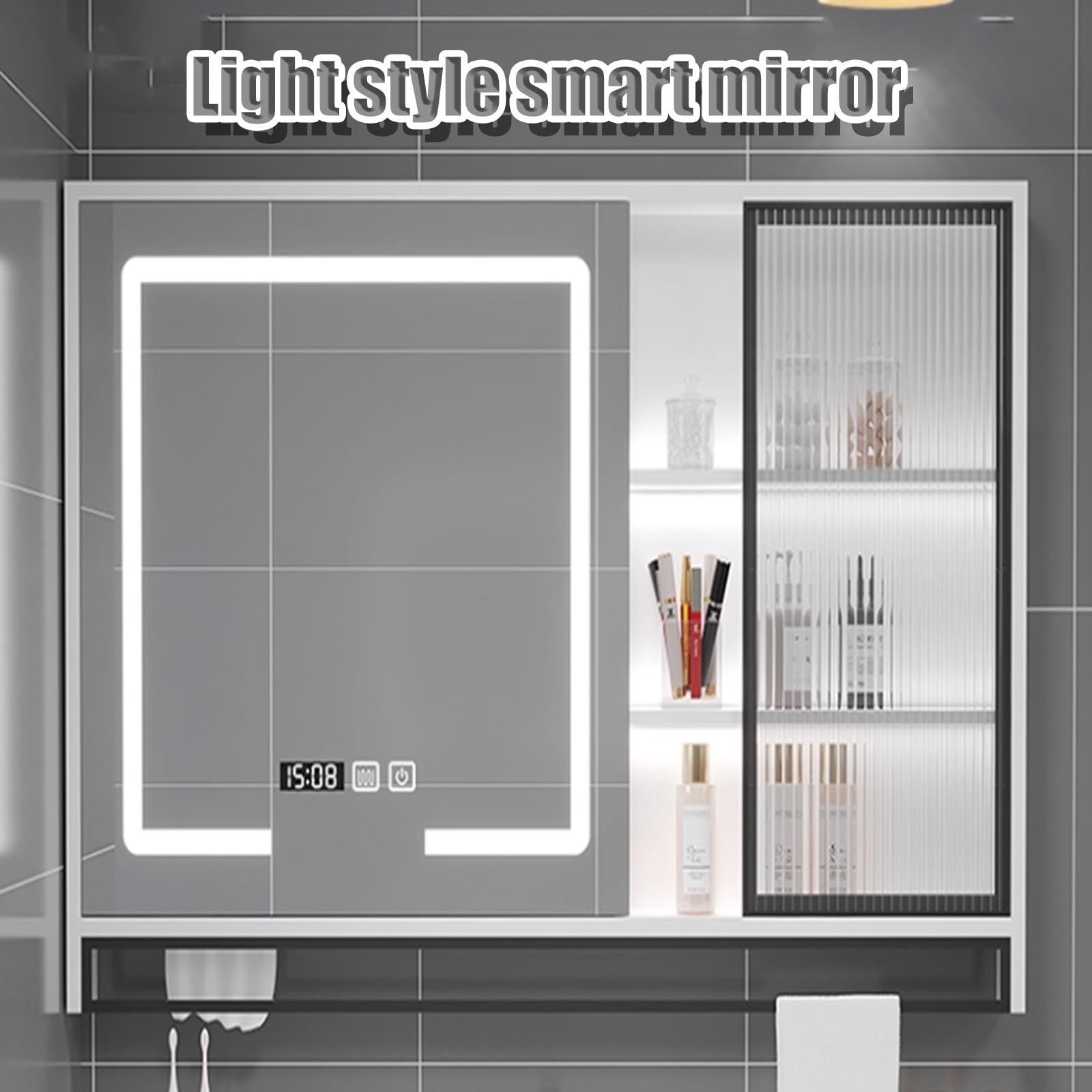 Armadietto per medicinali da bagno grigio con specchio, grande armadietto per trucchi in legno massello multistrato display orario 70 cm (27,5 pollici) perfetto per spazi organizzati