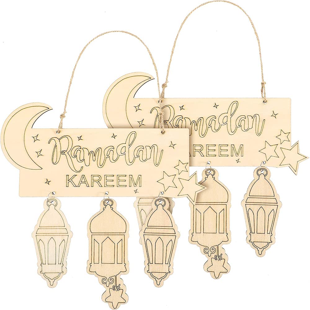 ANCLLO 2Pcs Islam Ramadan Wooden Hanging Plaque Sign Lantern Pendant Ornament Wall DIY Home Decoration for Eid Ramadan