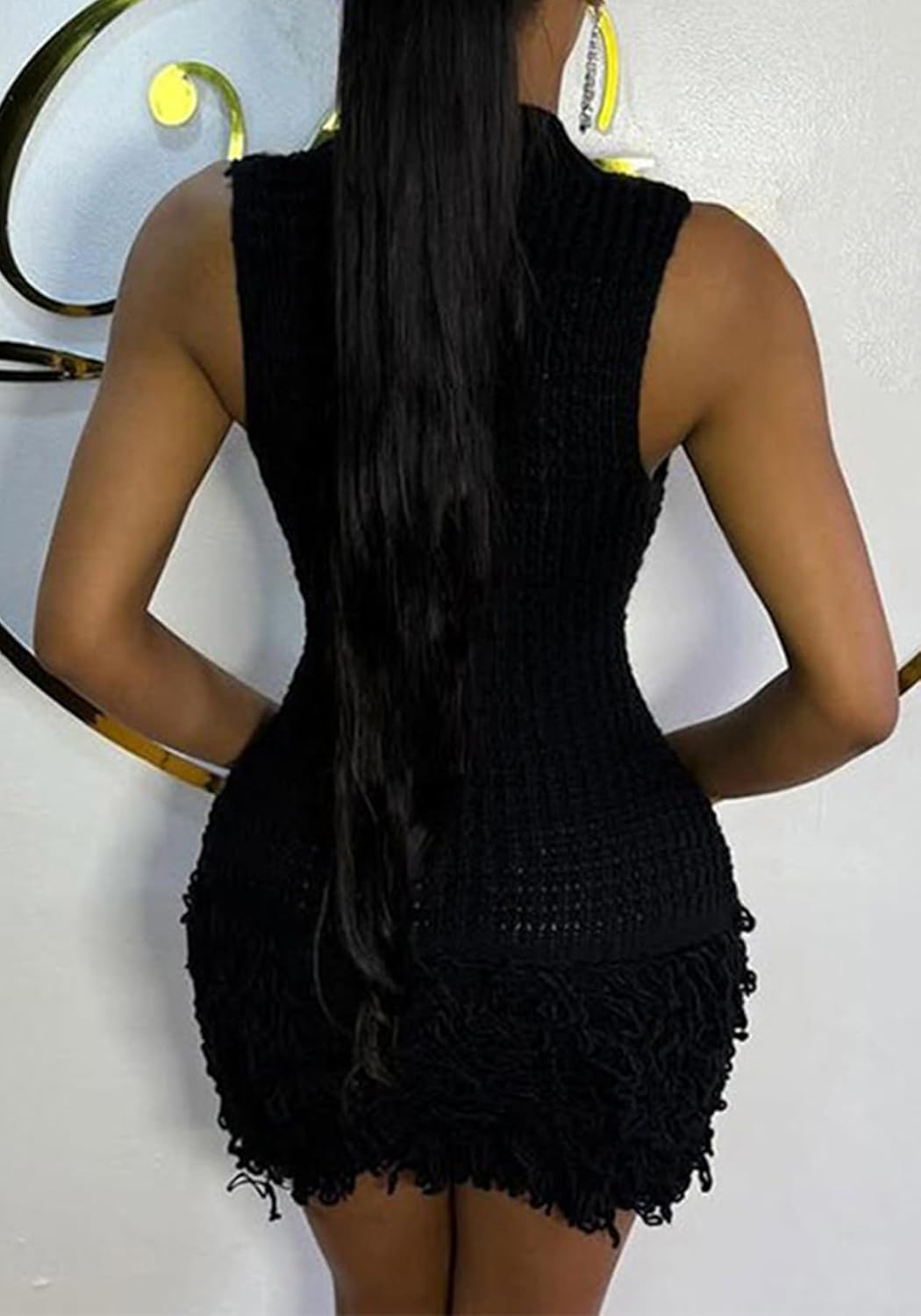 Tcremisa Women's Crochet Fringe Mini Dress Slim Fit Sleeveless Hollow Out Bodycon Short Knit Pullover Dresses - Image 5