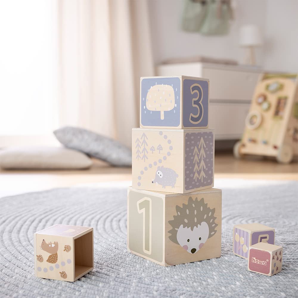howa 6027 Wooden Stacking Tower from 1 Year Old, Motor Skills Toy Stacking Cube, Braun, 12x47x12 centimeters - Image 4