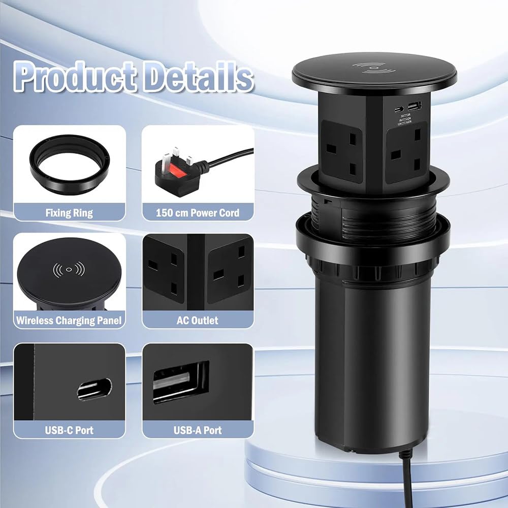 Gniazdka Wysuwane Do Blatów Kuchennych,Inteligentne Podnoszenie,Z Ładowarką Bezprzewodową 15W,Z 4 Gniazdami Ac,Portami Usb-C + Usb-A,Ukryta Konstrukcja,Hydrauliczne Gniazdo Podnoszące C
