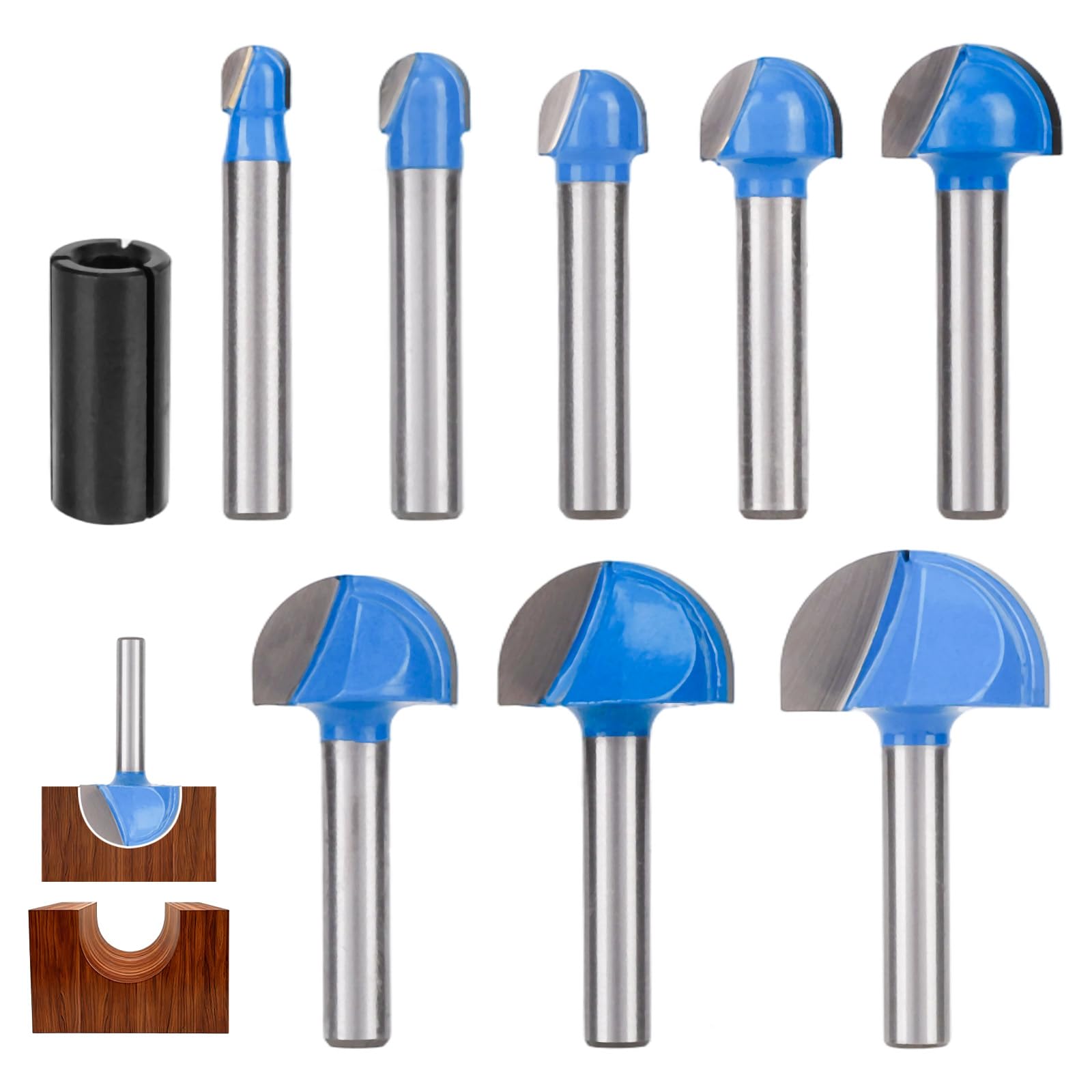 8pcs Cove Box Router Bit Set, 1/4" Shank Round Nose Core Box Router Bits with Conversion Shank, 1/4" to 1" Cutting Diameter Woodworking Tool for Juice Grooves and Coves Cutting