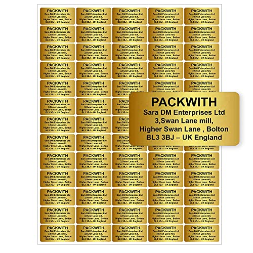 Gold Personalised Printed Address Labels 60 Labels Per Sheet A4 (38 x 21 mm) Address Label Stickers Personalised for Gift Card, Return Labels, Business Label & Custom Greetings Packwith®