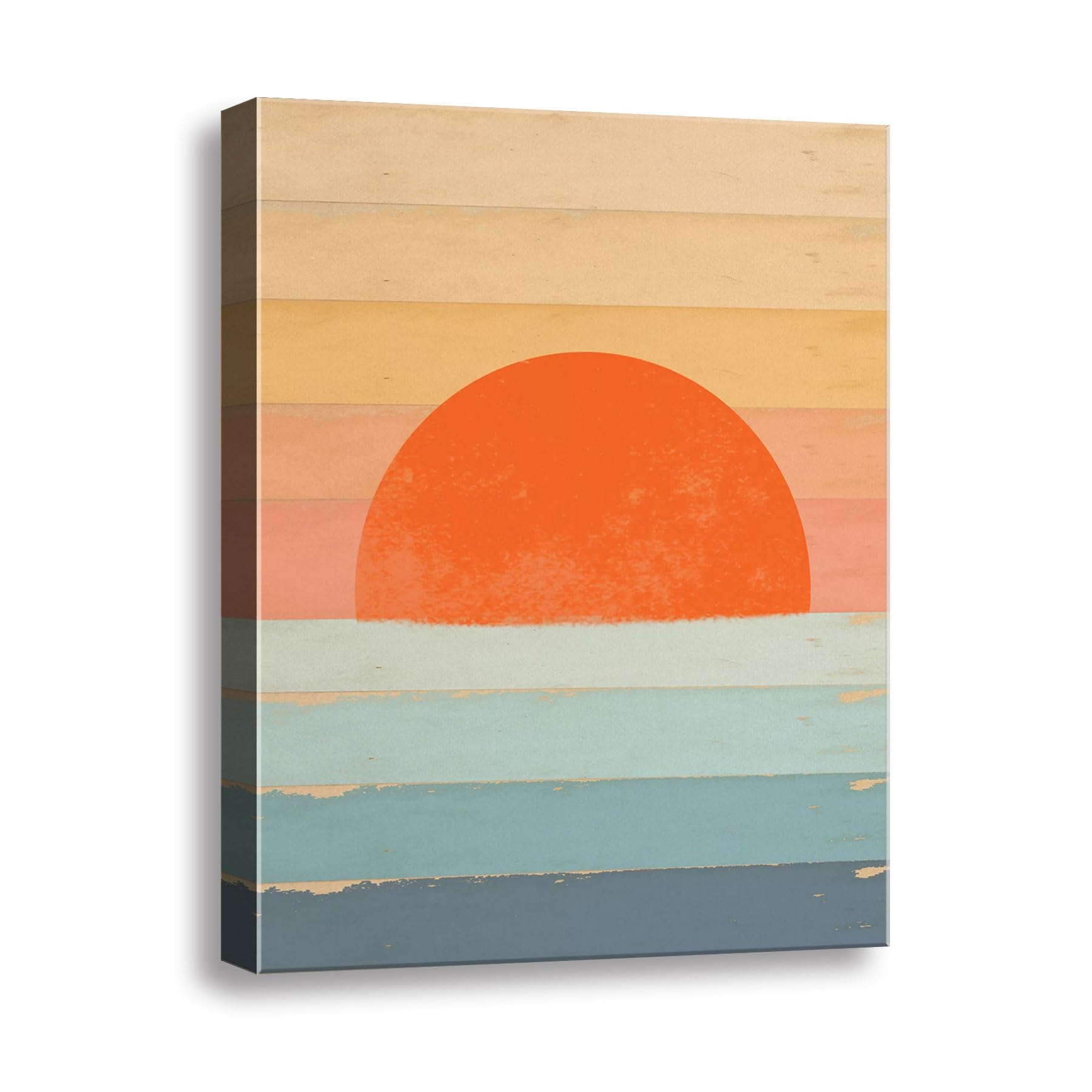 Boho Sun Wall Art, Framed Canvas Wall Art Rainbow Sun Rising on the Horizon Geometric Nature Illustrations Line Art Wall, Mid-Century Modern Prints Boho Wall Decor for Living Room, Bedroom, Bathroom,