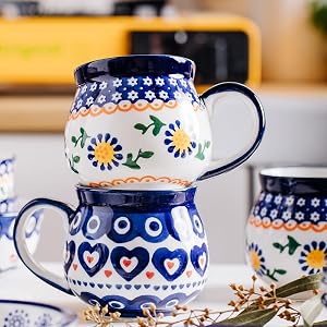 Hand-Painted Polish Pottery Coffee Mugs, 14 oz, Set of 2 | Personalized Big Belly Cup, Blue and White Floral Hearts Design