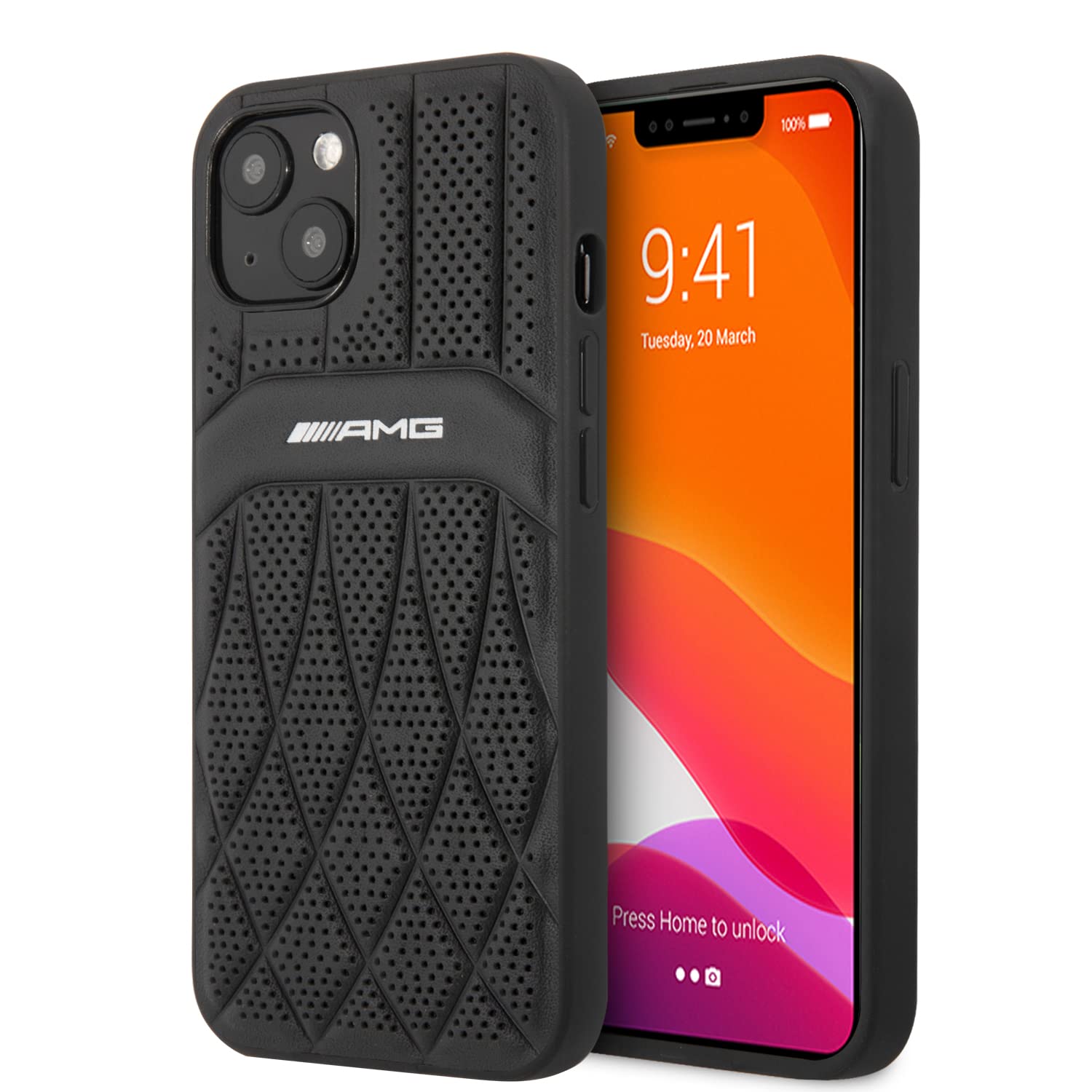 CG MOBILE AMG Genuine Leather Case Compatible with iPhone 13 With Perforated Black Leather, Curved Lines, Hot Stamped With Logo, Officially Licensed (Black) (6.1 Inches)