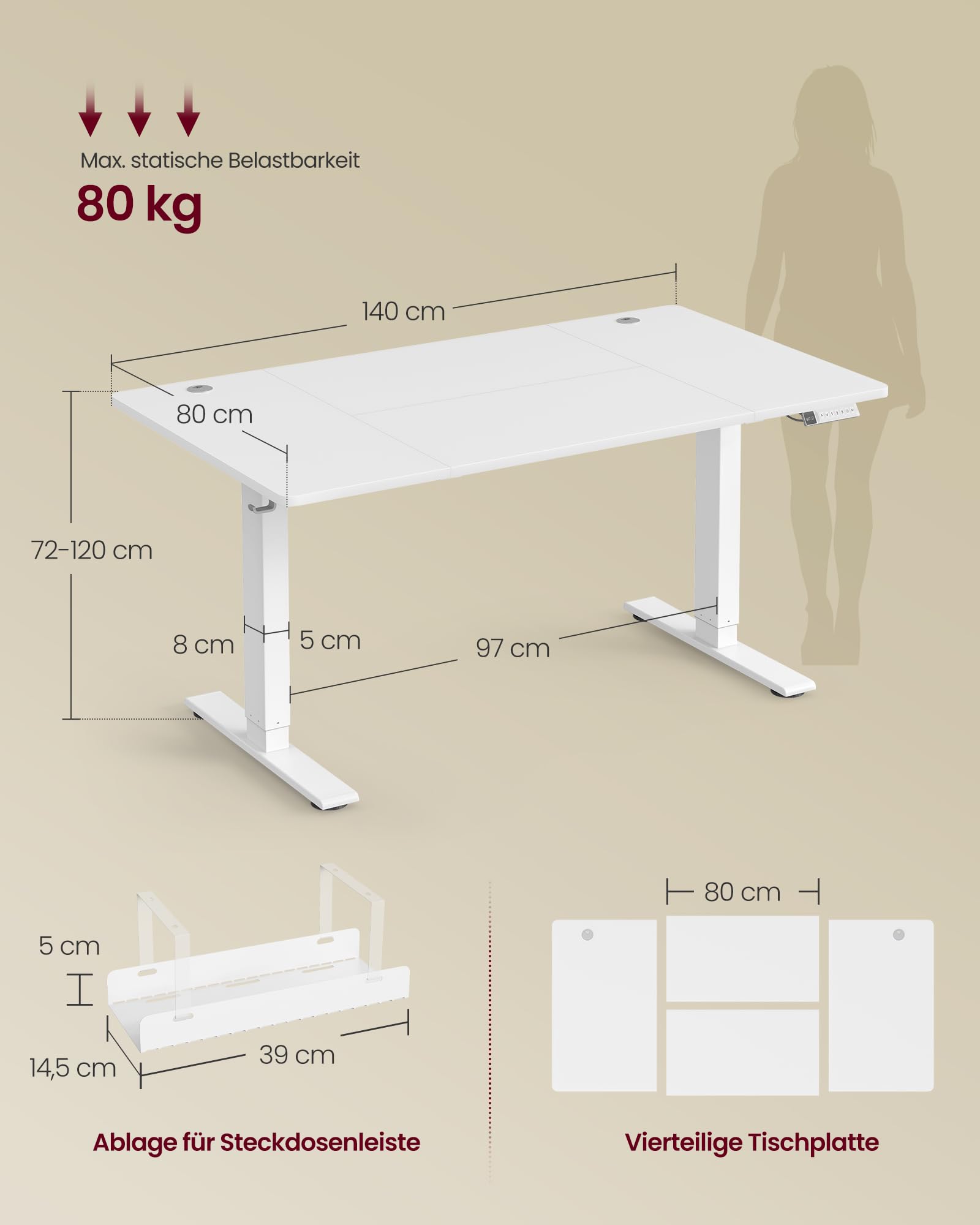 VASAGLE Höhenverstellbarer Schreibtisch, 140 x 80 cm, USB-C-Anschluss, Ablage für Steckdosenleiste, Stehtisch, Erinnerung bei langem Sitzen, 3 Speichertasten, für Büro, mattweiß LSD144WZ02