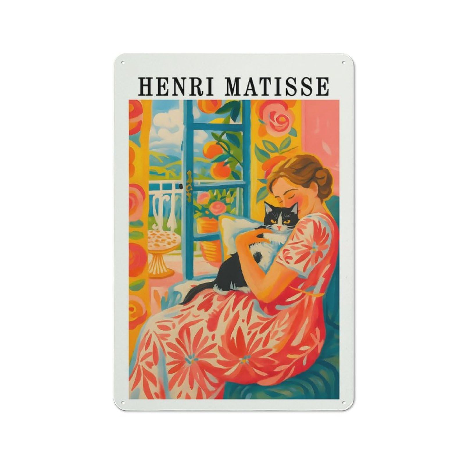Junmoney Style-16 For Lounge Or Reading Corner, Henri Matisse Style Woman With Cat Vintage Metal Sign 30X20cm, For Collectors Decorating Lounges And Reading Corners