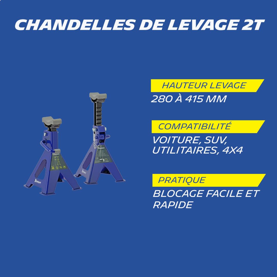 MICHELIN 009557 2 Chandelles de Levage à crémaillère 2 Tonnes - Hauteur réglable 280-415mm - Blocage Rapide Levier + Goupille de Sécurité - Pieds Larges Stables - Semelle Caoutchouc