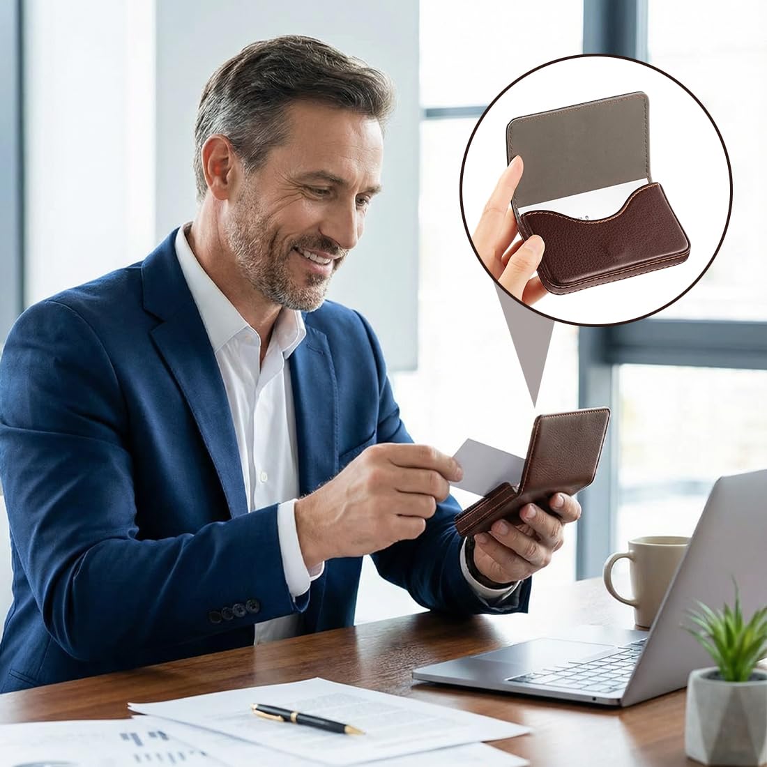 Porta Biglietti da Visita Flip-Stile in PU-Leder con Chiusura Magnetica Tascabile Marrone