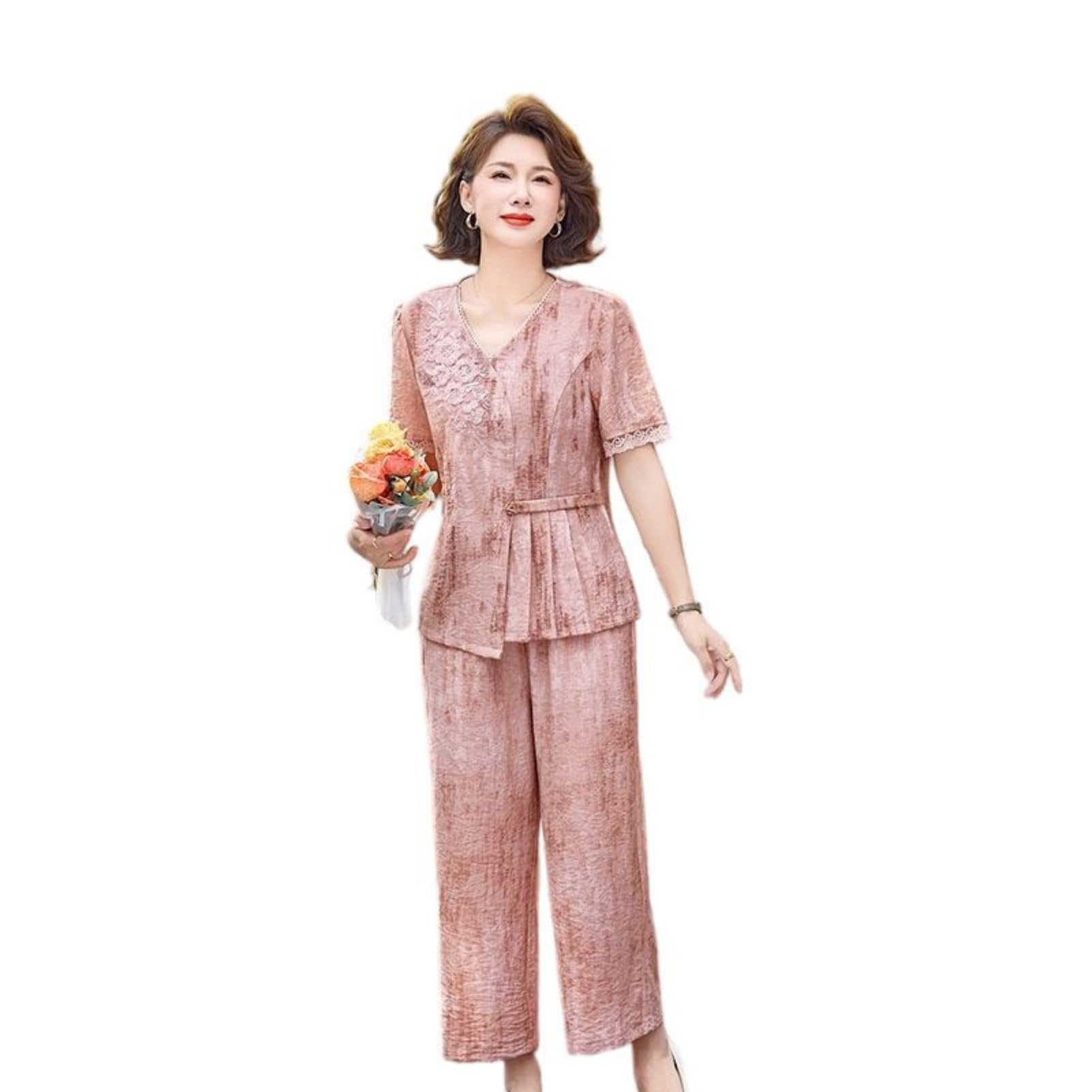 JYHBHMZG Blusa de manga corta para mujer con estampado floral y pantalones palazzo de pierna ancha, no se arruga