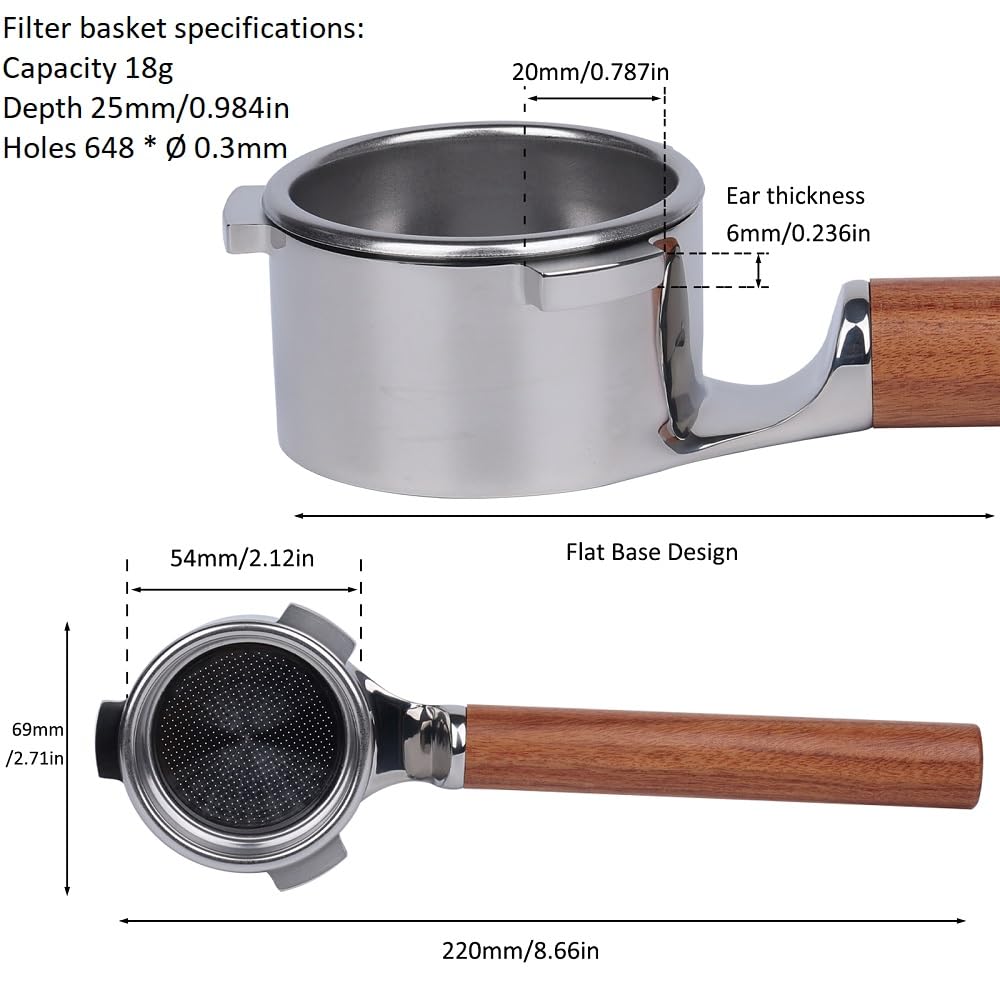 CAPFEI Portafiltro sin fondo de 54 mm plano, compatible con Sage/Breville Barista Express, Pro, Touch, and Impress | Mango de madera