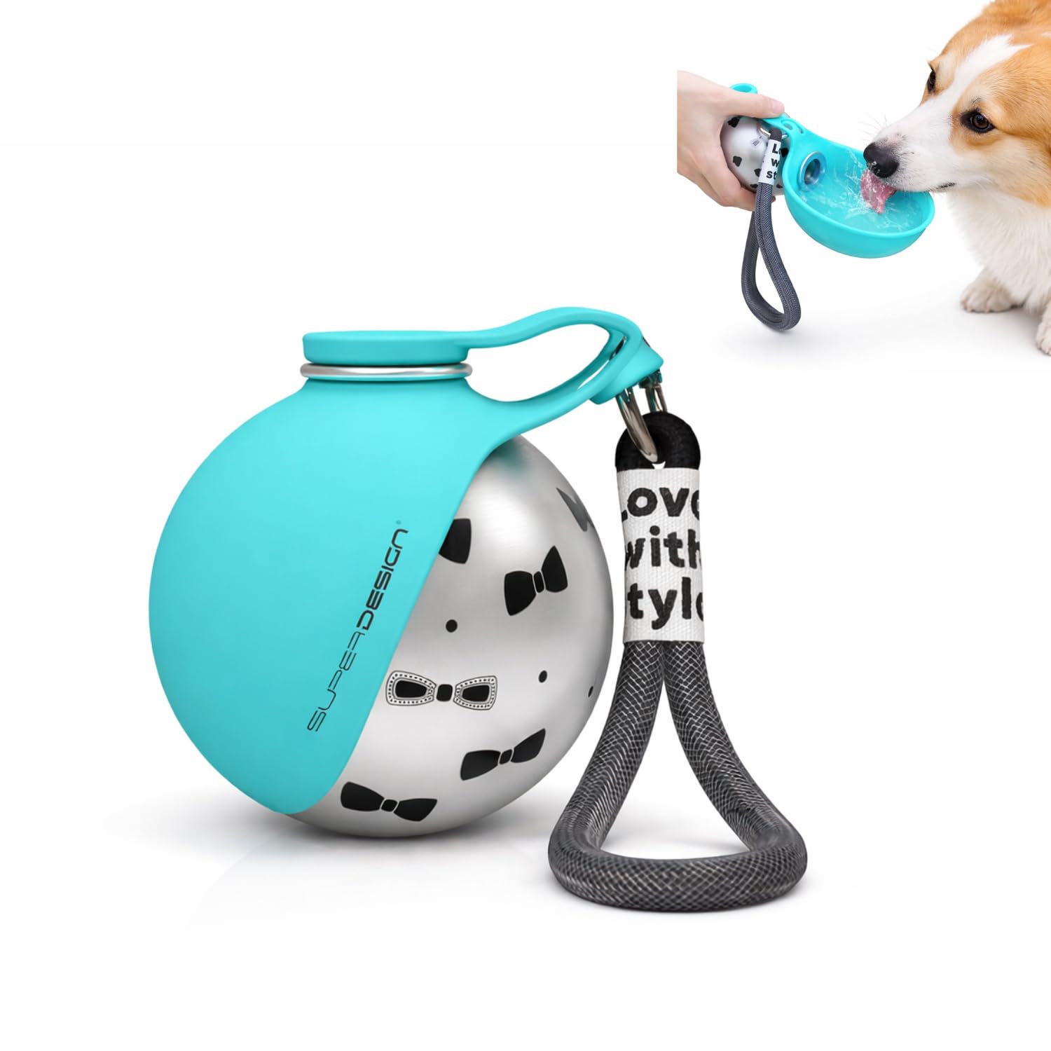 Borraccia da 285 ml per cani di piccola taglia con interno in acciaio inossidabile, ciotola portatile per animali domestici da viaggio con cordino, tazza ribaltabile resistente alle perdite per