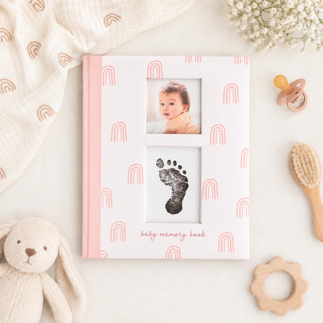 Rainbow First 5 Years Memory Book, Baby Girl Keepsake, Baby Meilensteinbuch, Schwangerschaftstagebuch, mit Stempelkissen für Neugeborene Handabdruck oder Fußabdruck, Rosa Regenbogen