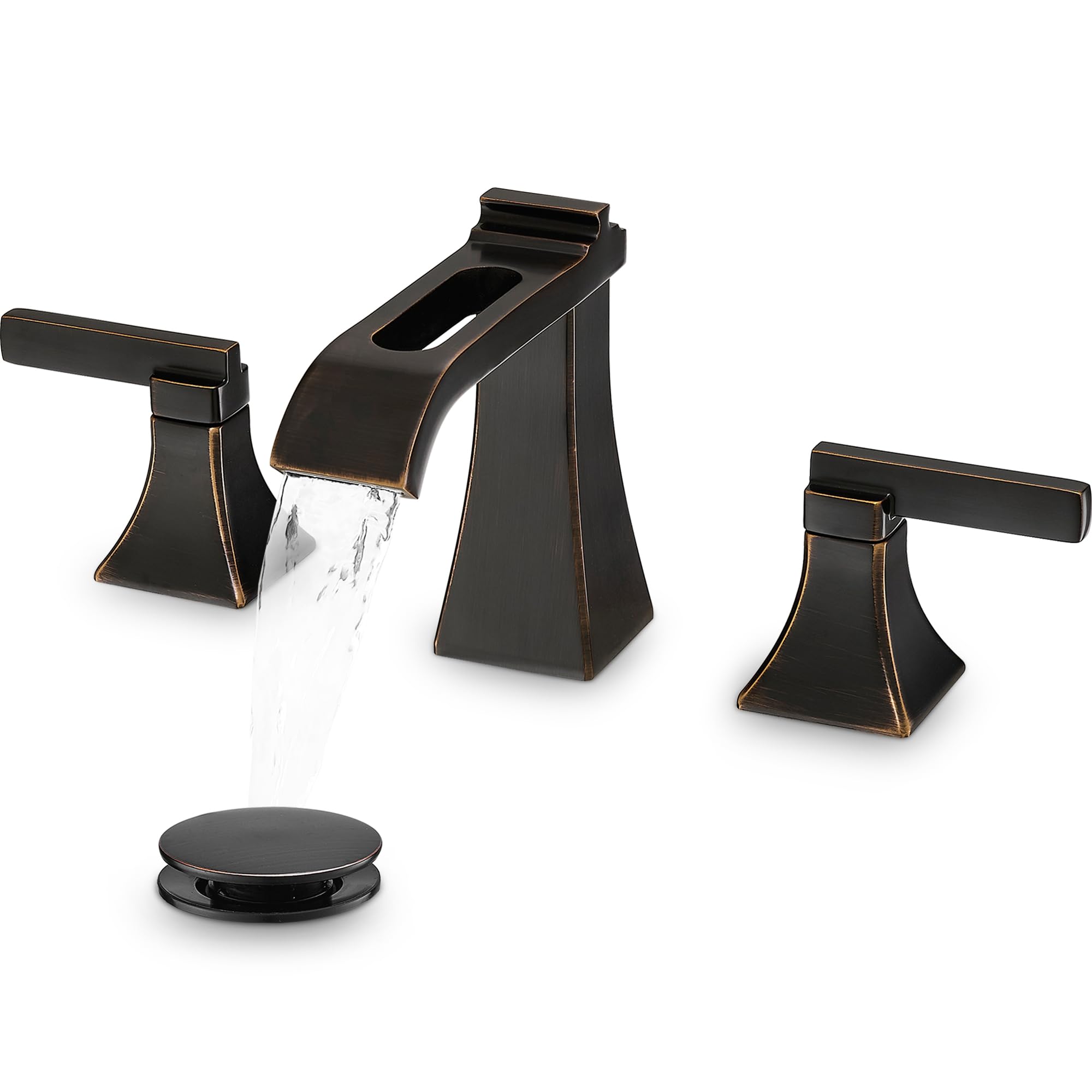 Oil Rubbed Bronze Bathroom Faucet 3 Hole Brass Waterfall 8 Inch Widespread Bathroom Sink Faucet with Pop-Up Drain