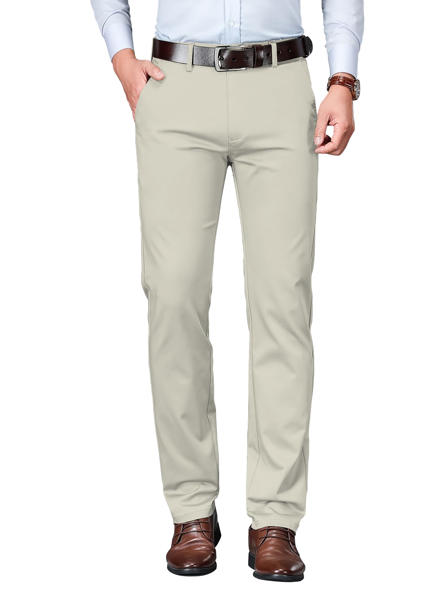 avanova Men's Light Grey Solid Trousers Light Business Style Slightly Stretch Straight Leg Pants for Outdoor Casual Daily (Trouser 127)-picture-35