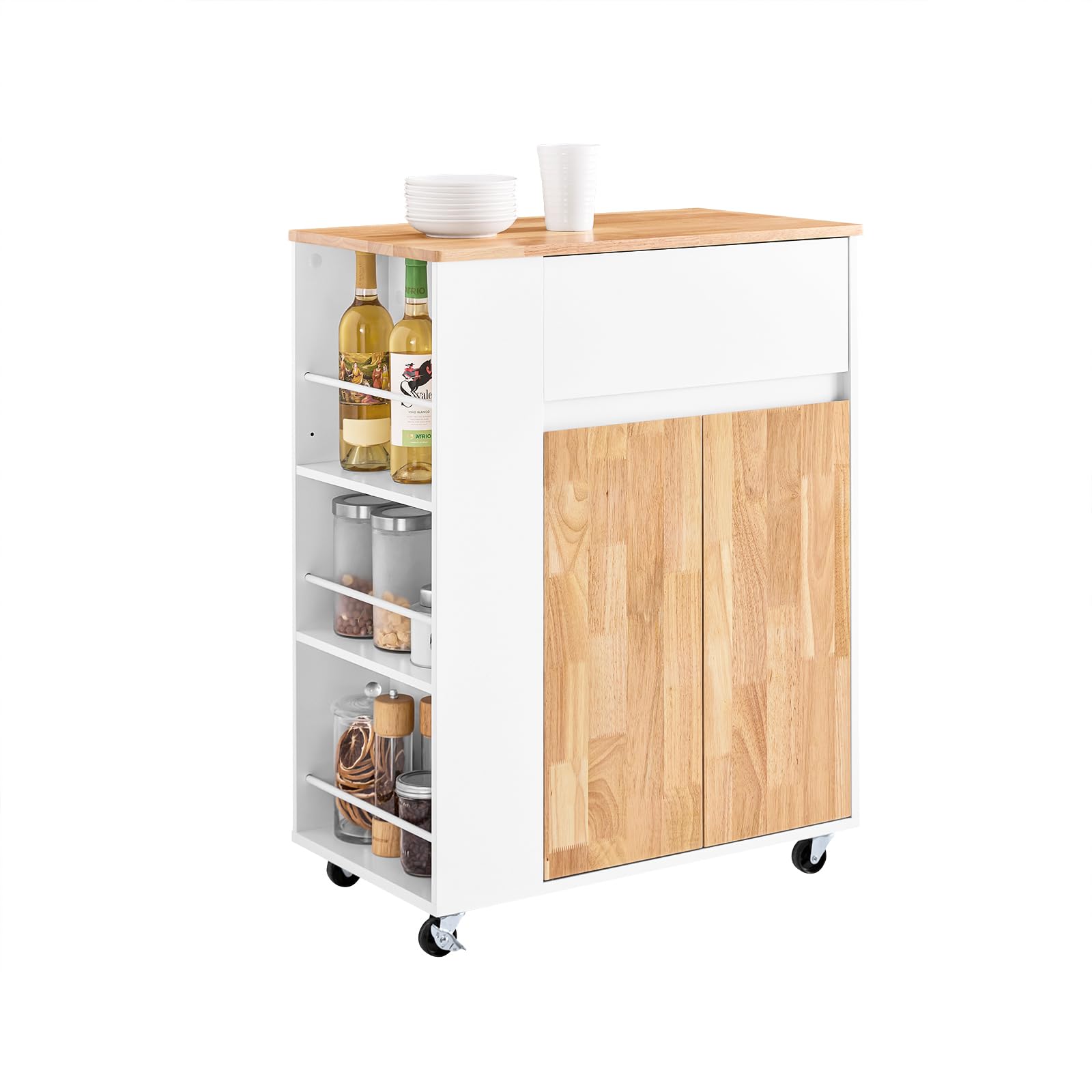 SoBuy Carrito de Cocina con Ruedas, 3 Estantes con Barras, 70×90×40cm | Isla de Cocina con Cajón, Armario & Estantes Ajustables, carga 68 kg, MDF/madera de caucho, para cocina & comedor, FKW132-WN