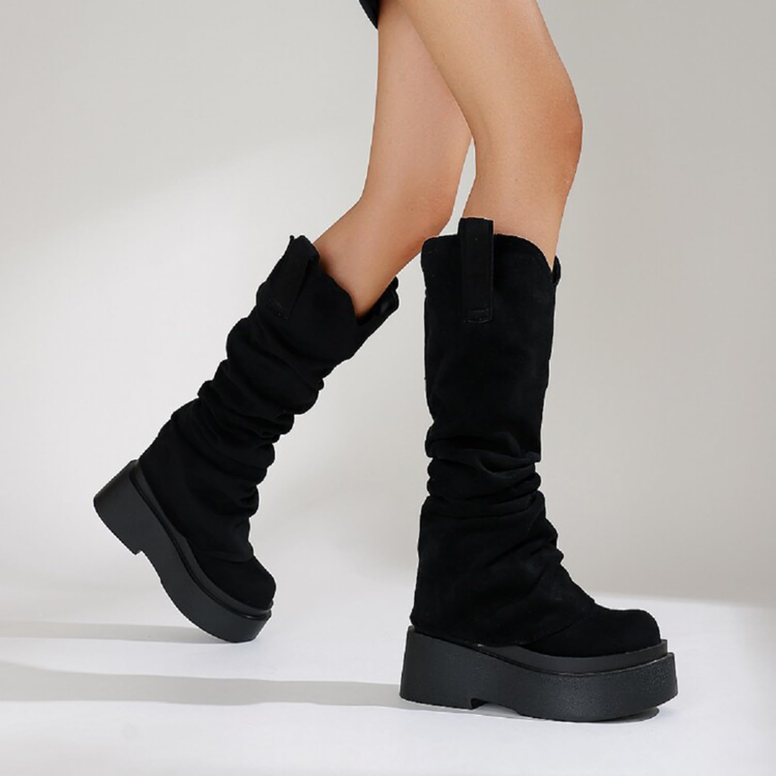 Botas Altas hasta la Rodilla con Plataforma para Mujer, Botas Altas con Punta Redonda, Botas de Media Pantorrilla para otoño e Invierno, Botas Vaqueras Occidentales, Botas de Montar