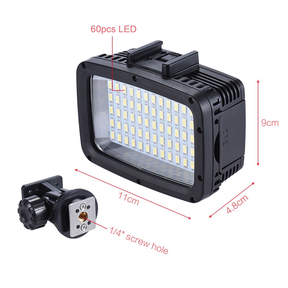 Andoer Dauerlicht Set Ultra Bright 1800LM 3 Modi Wasserdicht Unterwasse 60 LED Tauchausfüllleuchte Video Studio Fotolampe für GoPro Hero Xiaomi Yi SJCAM Action Cam für DSLR Kamera mit Hot Shoe Mount