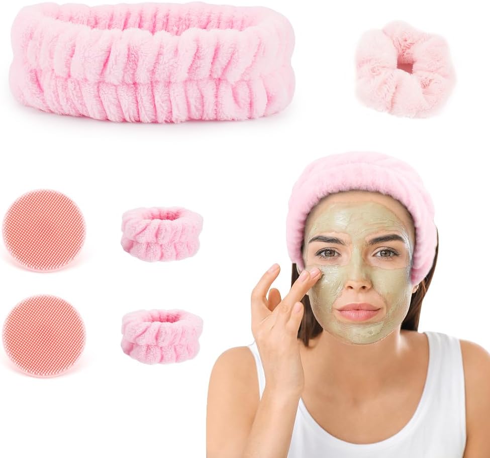 Face Scrubber set, wordt geleverd met 2 siliconen gezichtsscrubber, 1 strikhuidverzorging-hoofdband, 2 armbanden en 1 haarelastiek voor massage, make-up en huidverzorging, uitgebreide verzorging