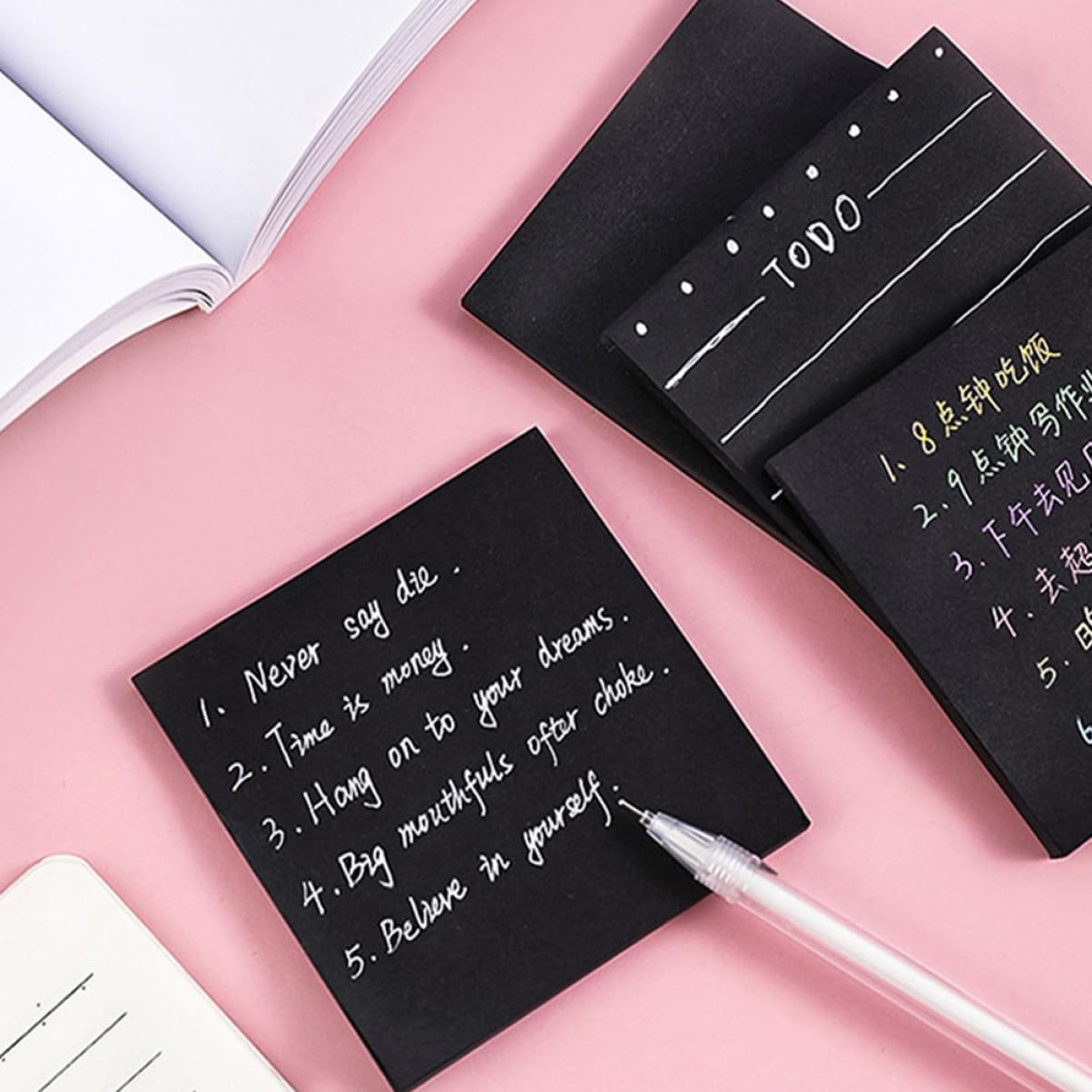 SHINEOFI 4 Ensembles Notes Autocollantes Noires Surligneurs Papeterie Marqueur Envelopper Publier Des Notes Boucle Ruban Auto-adhésif Onglets Collants Papier Black 8 Pièces * 4