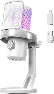 MAONO Micro sans Fil pour PC, Micro Gaming avec Logiciel de Changement de Voix IA, Suppression du Bruit à 3 Niveaux, éclairage RVB Personnalisé, pour Jeux, Podcasting, Streaming, DM40 Pro Blanc