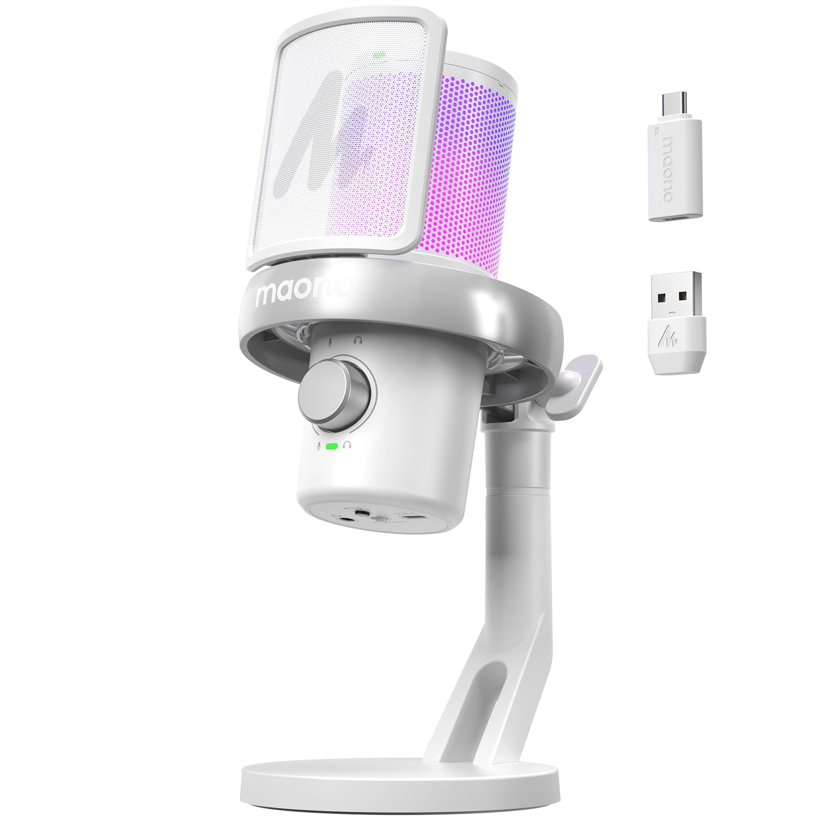 MAONO Microfono Wireless per PC, Microfono PC con Software di Cambiavoce Vocale IA, Cancellazione del Rumore a 3 Stadi, Luce RGB Personalizzata, per Gioco, Podcasting, Streaming, DM40 Pro Bianco