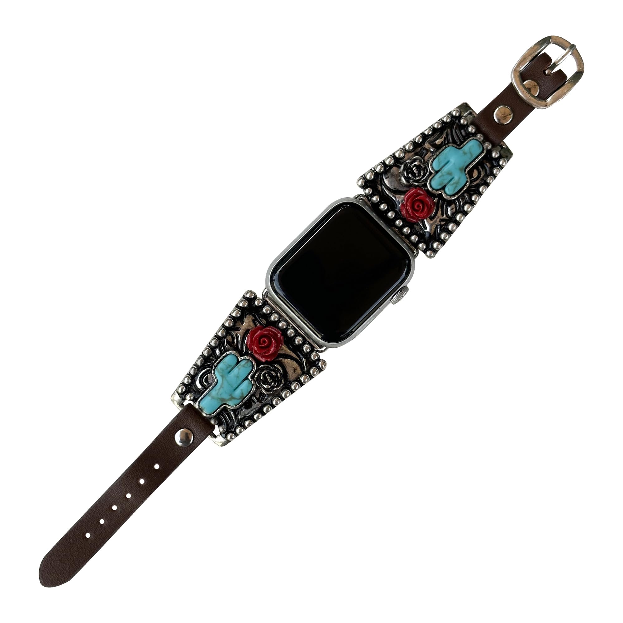 Wonderent Western Trapezoid Watchband for Apple Watch Size 38mm, 40mm, 41mm, 42mm, 44mm, 45mm and Series 9,8,7,6,5,4 and SE (38/40/41MM, CACTUS)