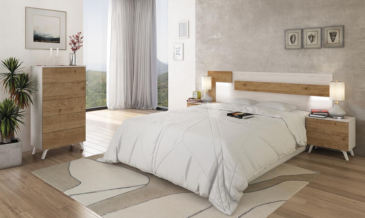 Dormitorio de Matrimonio – Cabecero con Luces LED, 2 Mesitas de Noche y Sinfonier de 5 Cajones – Diseño Nórdico Blanco y Roble.
