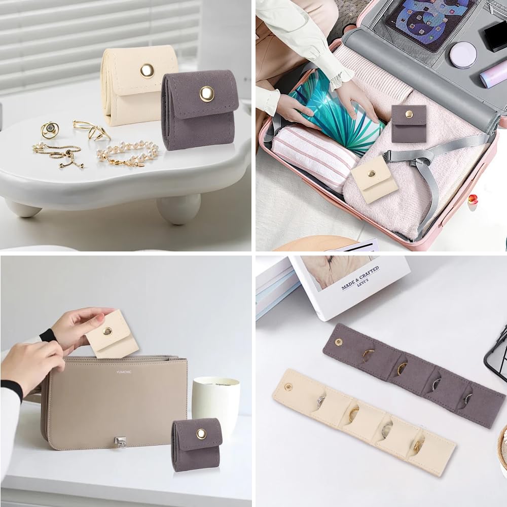 2 Piezas Mini Bolsa para Joyas,Organizador Joyas Viaje Enrollable,Travel Jewelry Bag,Bolsa Almacenamiento Joya,Organizador Bisuteria Con Hebilla para Pendientes, Collares, Pulseras (Beige+Gris)