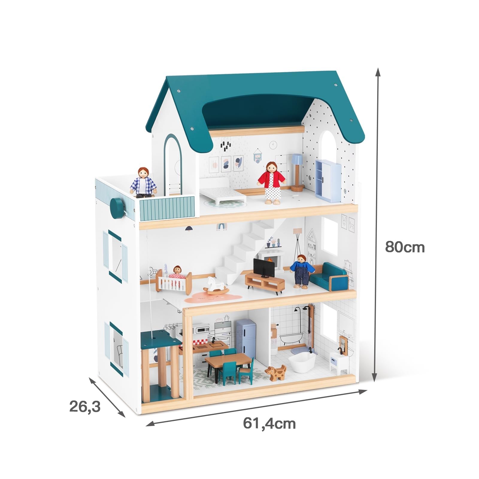 OOOK Maison de Poupée en Bois avec Ascenseur, Maison Poupée à Partir 3 Ans | Grande Maison de Poupée pour Filles et Garçons à 3 étages, Comprenant 21 Meubles, 4 Poupées Familiales et un Chien