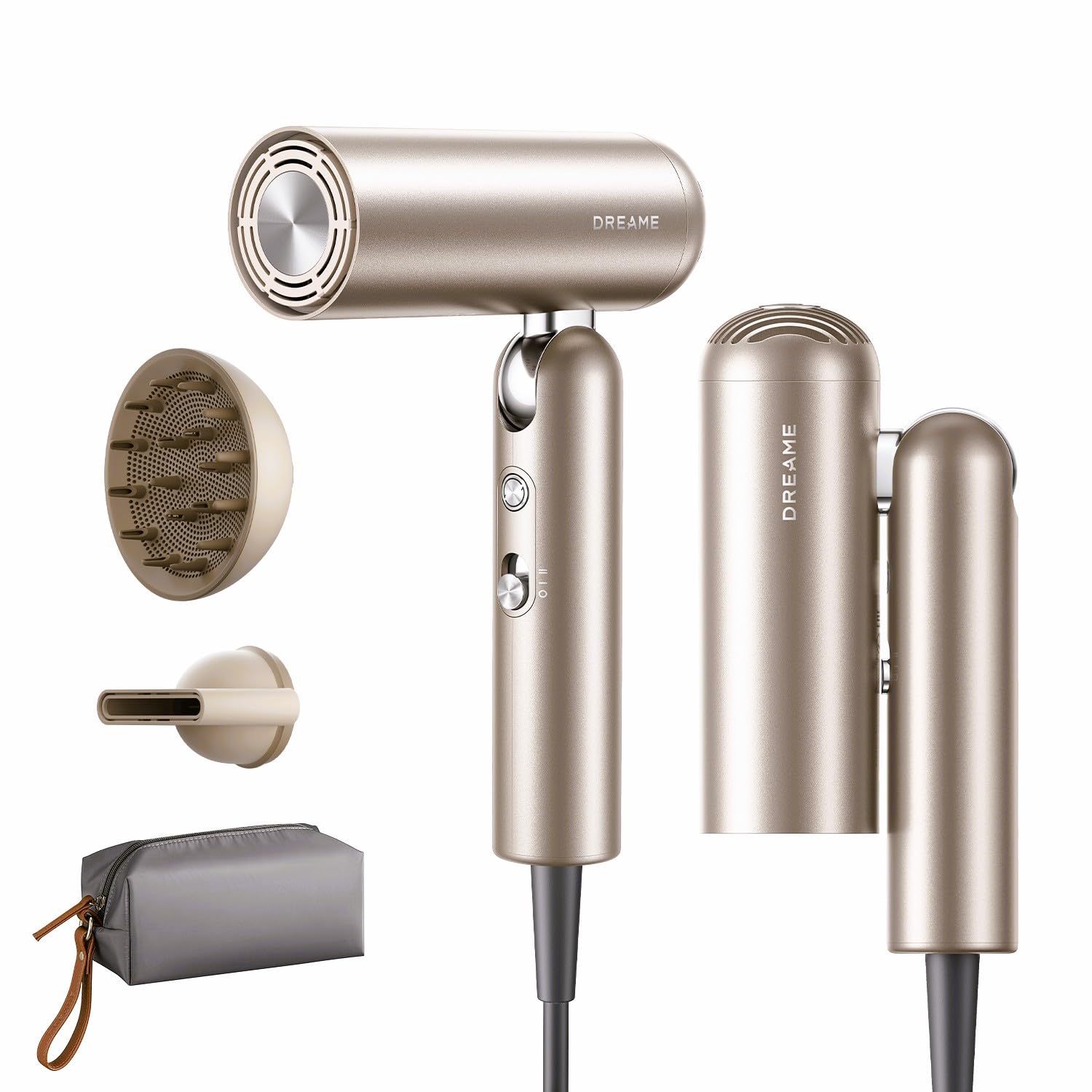 Dreame Pocket Pro Hair Dryer, Dual Voltage Travel Blow Dryer with Diffuser, 1300W Professional HighSpeed Ionic Hair Blower, Fast Drying, Low Noise,