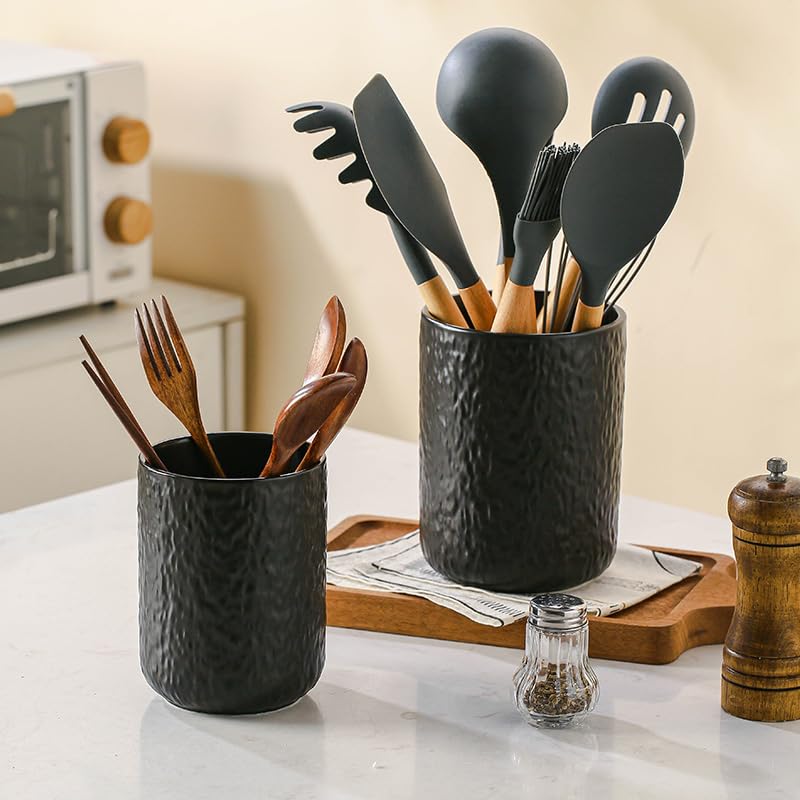 Ganwu Kitchen Utensil Holder Set of 2, Ceramic Rock Texture Kitchenware Storage Container