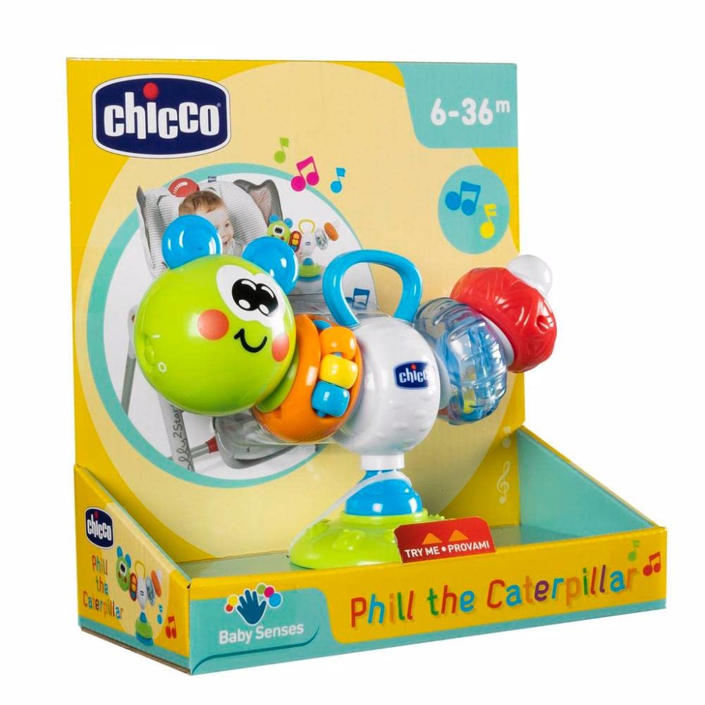 Chicco - Gioco Seggiolone Bruchino Ballerino, Gioco Elettronico con Ventosa per Seggiolone, con Suoni, Melodie e Attività Manuali, Batterie Incluse, Multicolore, 6-36 Mesi