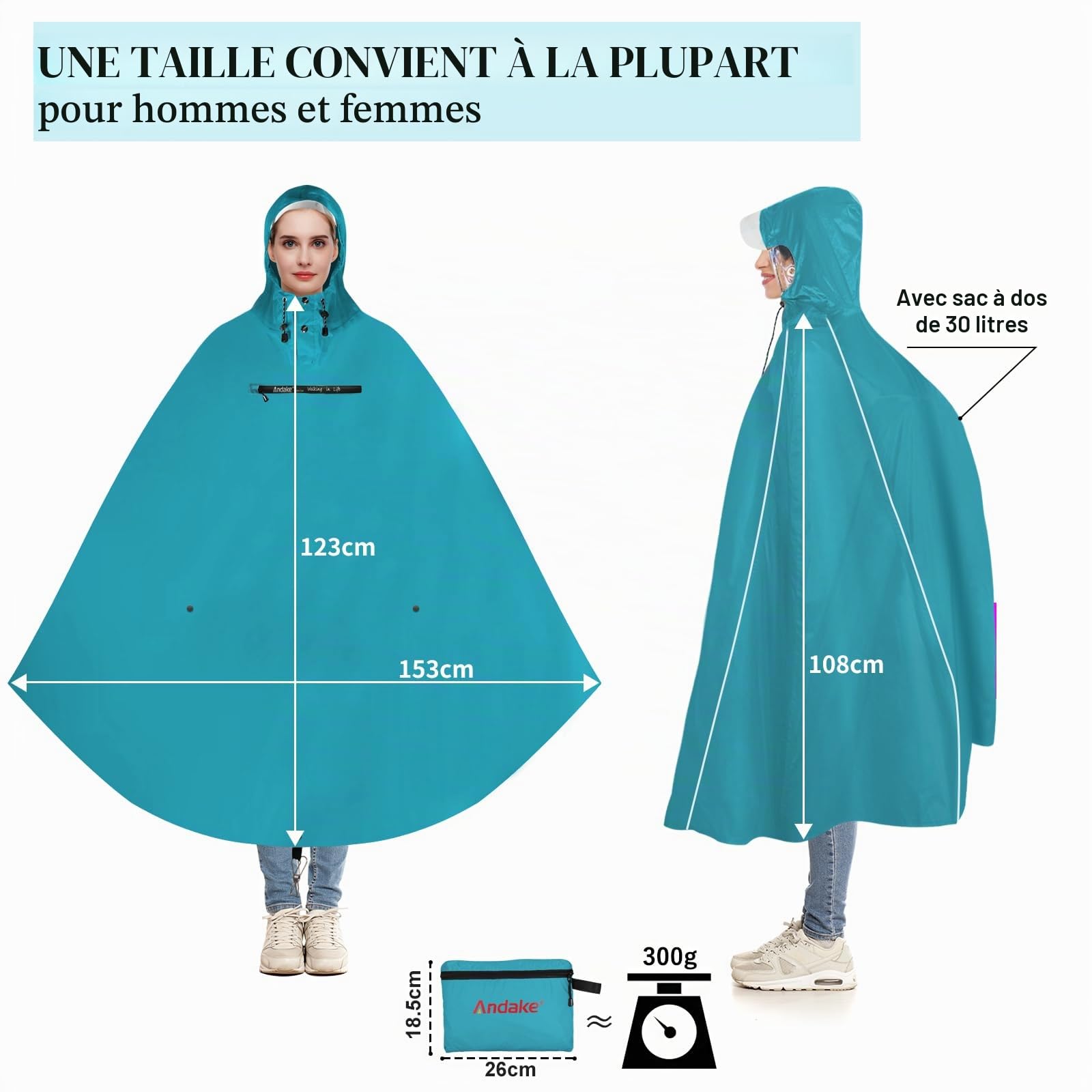 Andake Poncho de pluie de vélo pour homme et femme - Imperméable - Poncho de pluie, taille unique