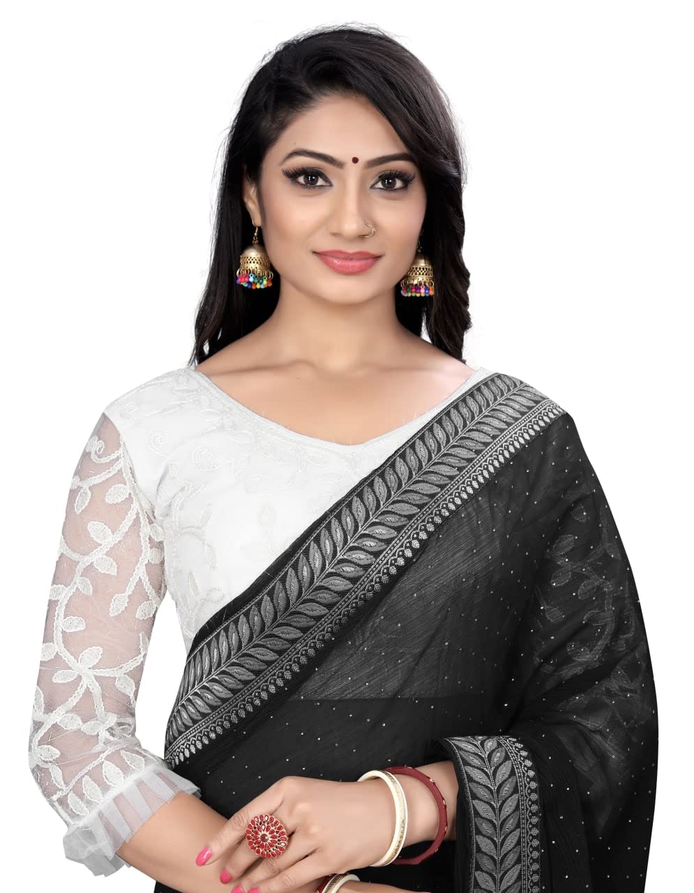 ROSEFAIRWomen's Nylon Net Embroidery Light Weight Regular Readymade Blouse