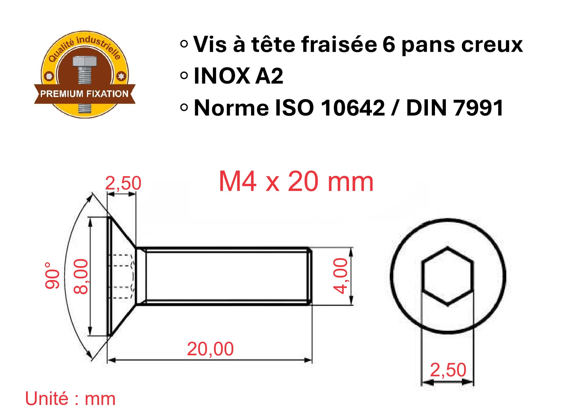 Screws M4 x 20 mm, countersunk head BTR made of A2 stainless steel, diameter 4 x 20 mm, M4 x 20 mm, FHC hexagon socket screws (Allen key) ISO 10642/DIN 7991, screws stainless steel A2 (V2A/304): pack - Image 3