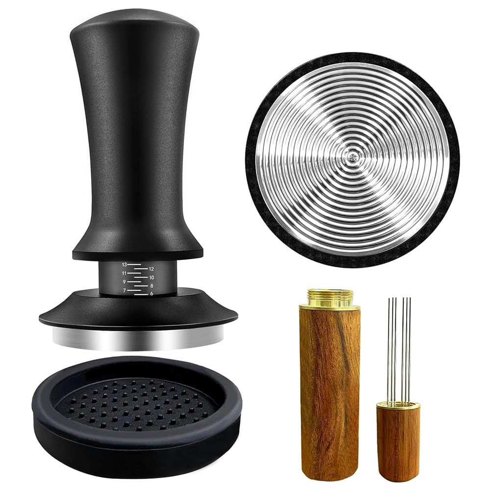 Carseatty Pressino da caffè da 53 mm con molla calibrata, 13,6 kg, con 6 aghi WDT Tool Espresso con supporto, cucchiaino da caffè, tappetino in silicone, confezione regalo