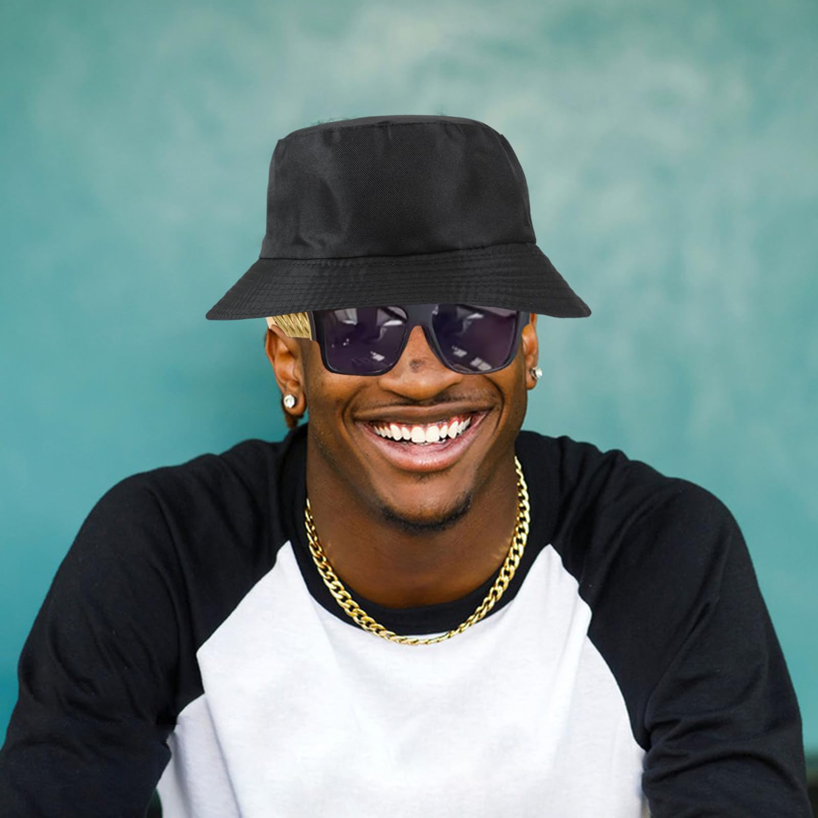 6PCS Hip Hop Costume kit CHUNLINLAODA-80s 90s Hip Hop Fancy Dress Rapper Fancy Dress Accessories with Fake Dollar Sign Necklace Hip Hop Ring Hippie Glasses Bucket Hat for Women Men (Gold) - Image 3
