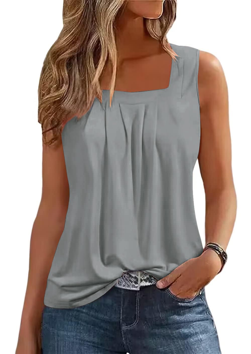 isermeo Summer Tank Tops for Women Loose Fit Pleated Square Neck Sleeveless Shirt Flowy Tops S-XXL