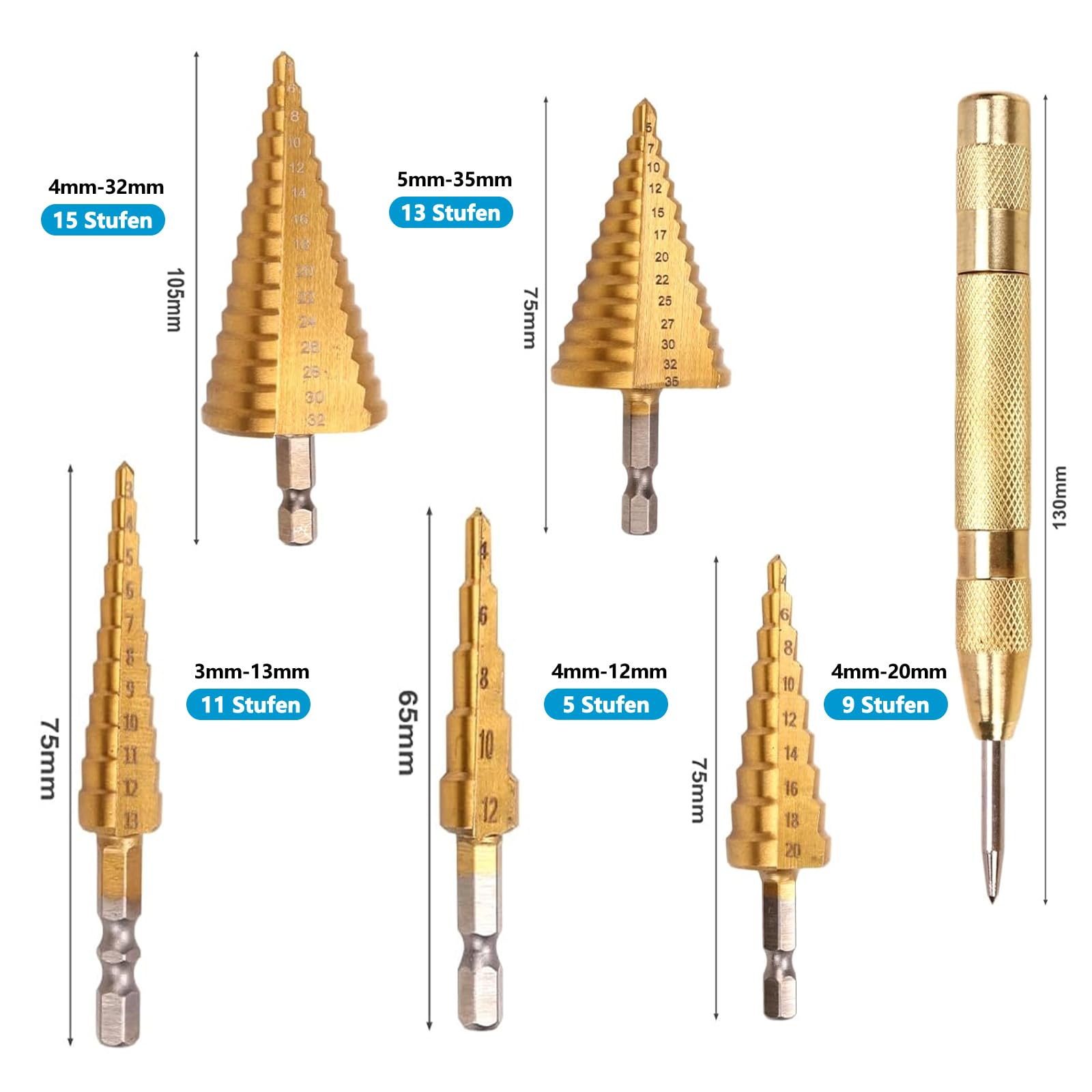 Genossen Broca Escalonada, 5pcs Brocas Cónicas HSS Titanio,（4-12mm, 3-13mm, 4-20mm, 4-32mm, 5-35mm）+1 perforadora central automática, acero de alta velocidad, revestimiento de titanio, para DIY madera