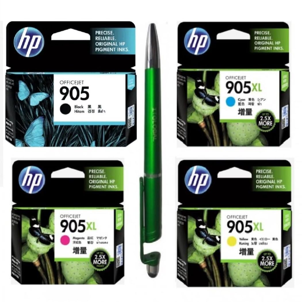 Value Pack Combo OG 905 Black & 905XL Cyan Yellow Magenta Ink Cartridge for HP Selected Printer with 3in1 Multi-Function Creative Mobile Phone Stand, Stylus Pen, Ballpoint Pen 905 & XL Ink