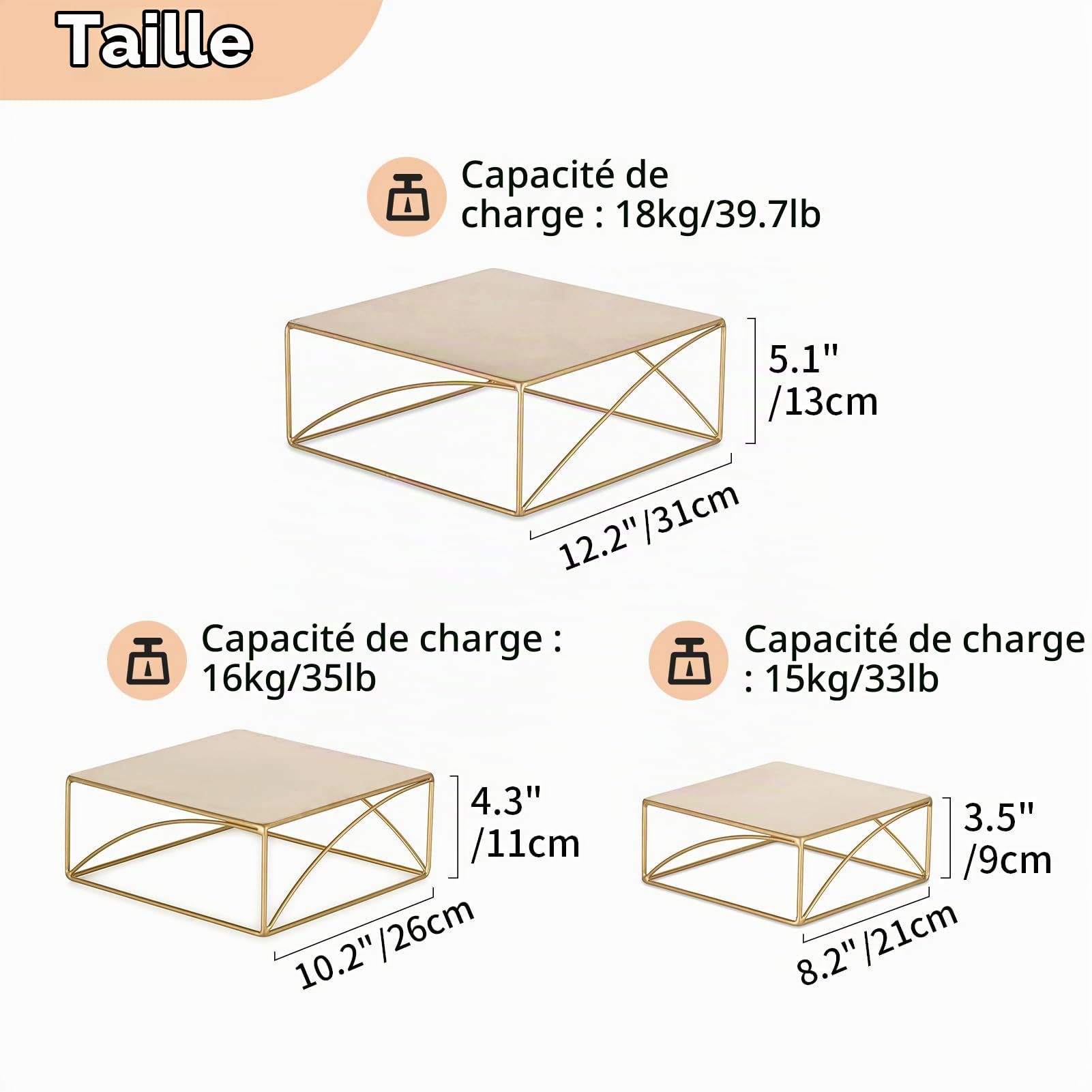 NUPTIO Presentoir Gateau Support Display: Set de 3 Présentoir Gâteau Mariage Dore Cupcake Pied Carré Metal Cake Wedding Stand Gâteaux Noel Decoration Anniversaire
