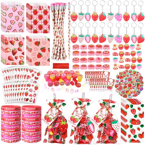 Sayglossy 171 Pcs 12 Guests Strawberry Party Favors Includes Gift Bags Pencil Notebook Sharpener Bracelet Rings Keychain Puffy Stickers Stamper for Baby Shower Birthday Party Filler Reward
