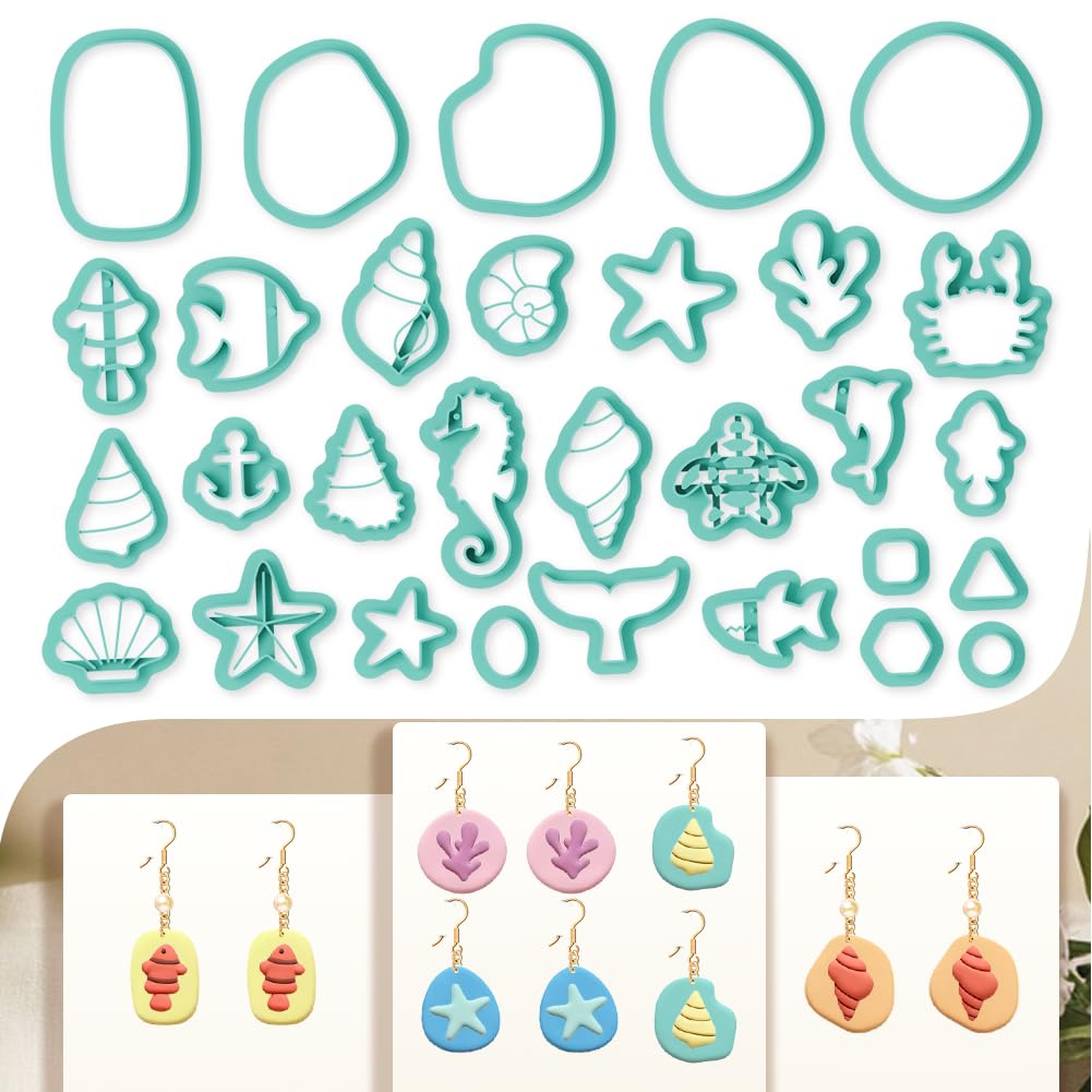 beinkmake 30pcs Sea Creature Shapes Polymer Clay Cutter Seahorse Shell Starfish Cutters for Jewelry Making DIY Marine Style Clay Tools