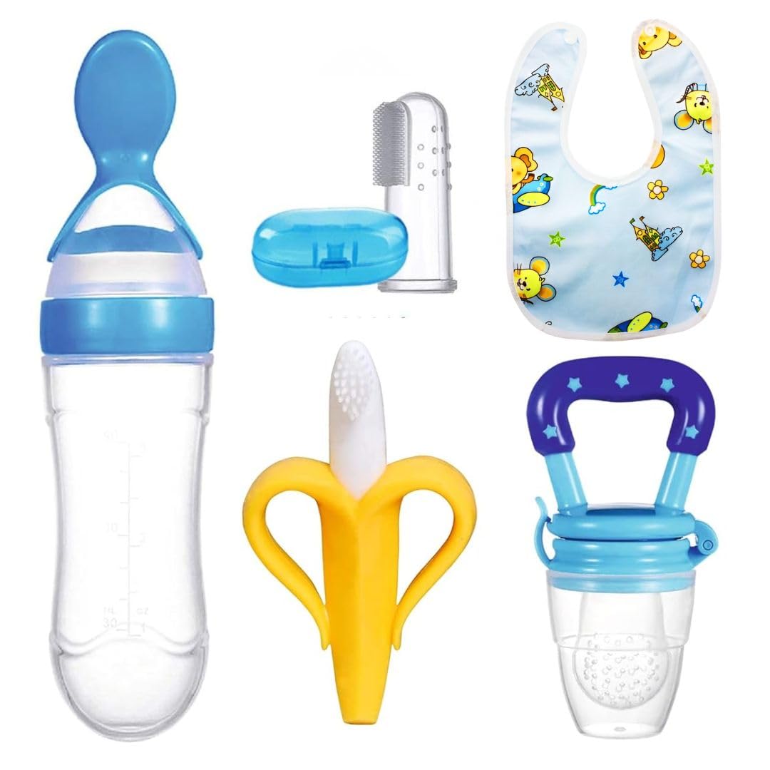 Baby Teething & Feeding Combo Set – Banana Silicone Teether, Fruit Feeder Pacifier, 90ml Spoon Feeder Bottle, Finger Toothbrush with Case & Waterproof Baby Bib (BPA-Free, Infant 0–12 Months)-image-12