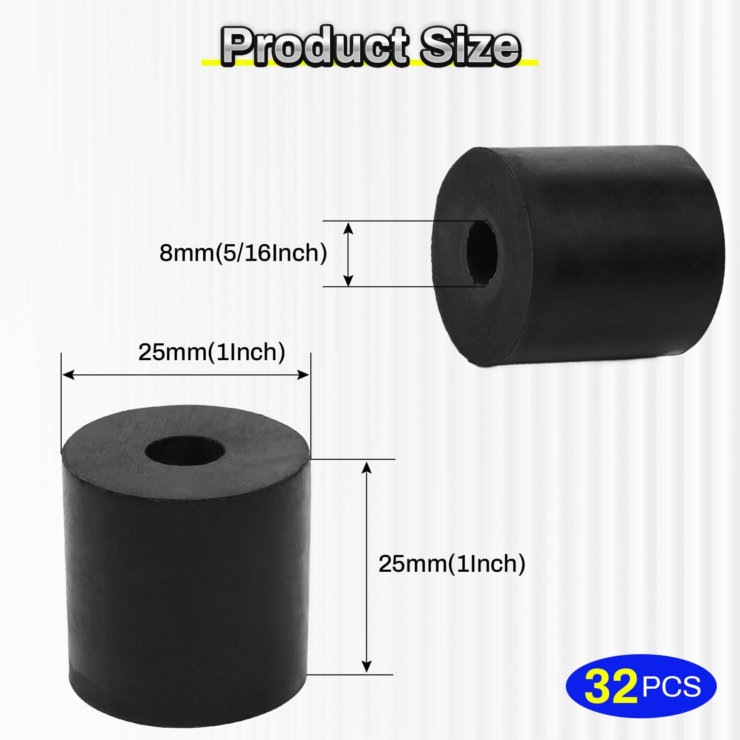32Pcs Rubber Spacers, 1"OD x 5/16"ID x 1" Thickness Anti Vibration Pads, Rubber Washers for Bolts, Car, Boat, Home Appliances (25 * 8 * 25mm)